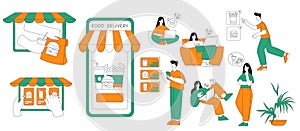 Food Delivery with Man and Woman Use Smartphone Application to Order Vector Set