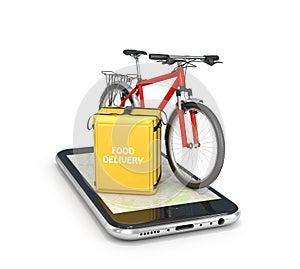 food delivery mobile app. thermo bag and bike on a mobile phone photo