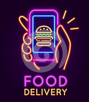 Food delivery neon sign. Glowing banner with hand holding smartphone with burger. Mobile app for online fast food cafe order