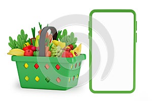 Food delivery, online ordering through the app. Smartphone or mobile phone and food basket in cartoon style isolated on white.