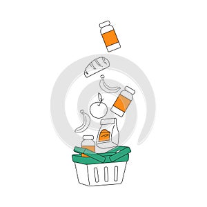 Food Delivery Order with Basket and Falling Foodstuff Vector Illustration