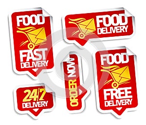 Food delivery, order now, food free delivery, 24/7 delivery - stickers set