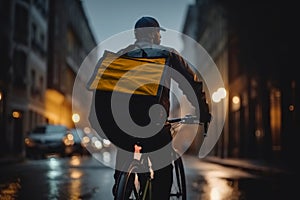 Food delivery riding ther bike in the city. Generative AI