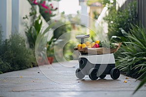 Food delivery robot delivers bag full with groceries
