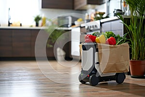 Food delivery robot delivers bag full with groceries