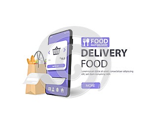 Food delivery service concept illustration. Smartphone and packages with food on mobile