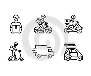 Food delivery service flat line icon set. Vector illustration couriers on different transport, motorbike, car, bicycle