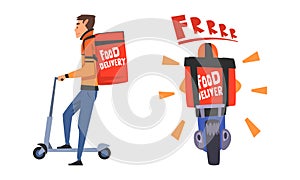 Food Delivery Service with Man Courier Carrying Box Riding Scooter and Motorbike Vector Set