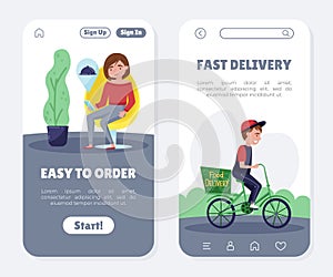 Food Delivery Service Mobile App Interface with Man Courier Ride Bicycle and Woman Consumer Vector Template