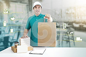 Food delivery service for order online and icon media. Delivery man in blue uniform hand holding paper bag, packaging container