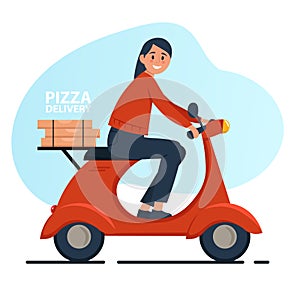 Food delivery service. Pizza courier riding on freight scooter or city motorcycle. Motorbike driver on delivery moped.