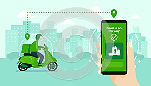 Food delivery service by scooter with courier. Hand holding mobile application tracking a delivery man on a moped.