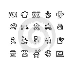 Food Delivery Service Sign Black Thin Line Icon Set. Vector