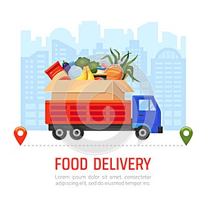 Food delivery service at urban landscape, cityscape background. Truck carries large cardboard box.