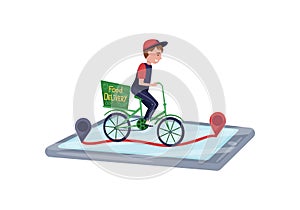 Food delivery service worker riding bicycle. Online order tracking by smartphone. Flat vector design