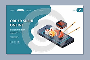 Food delivery. Sushi seafood landing website page design template online delivery vector business landing