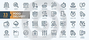 Food delivery - thin line web icon set. Contains such Icons as contactless delivery, lunch time, food basket and more.