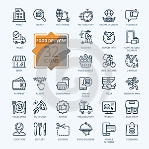 Food delivery - thin line web icon set. Contains such Icons as contactless delivery, lunch time, food basket and more.