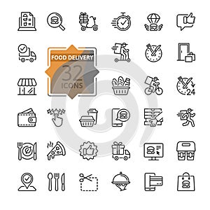 Food delivery - thin line web icon set. Contains such Icons as contactless delivery, lunch time, food basket and more. Outline ico