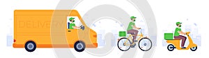 Food delivery transport. Courier in mask deliver goods drive truck, bike and motorcycle. Covid safe shipping service to home,