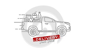 Food delivery truck full of food on the pick up truck body moving with fast speed to the customer. Line vector illustration with