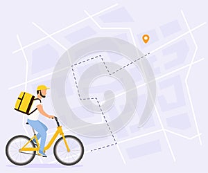 Food delivery vector illustration. Courier man on bicycle with yellow parcel box on the back. Route with dash line trace