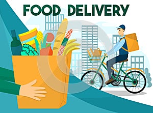 Food delivery vector illustration. Driver on the bike or bicycle with a bag. Online shopping service at the store and supermarket