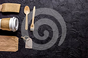 food delivery workdesk with paper bags and plastic cup table background top view mock-up