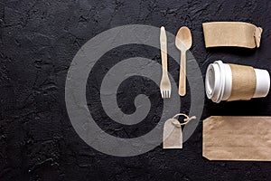 Food delivery workdesk with paper bags and plastic cup table background top view mock-up