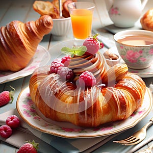 Food, Desert, French Pastry, croissant with cream and raspberries