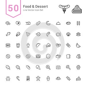 Food and Dessert Icon Set. 50 Line Vector Icons.
