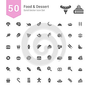 Food and Dessert Icon Set. 50 Solid Vector Icons.