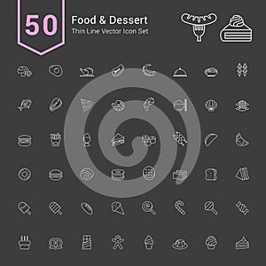 Food and Dessert Icon Set. 50 Thin Line Vector Icons.