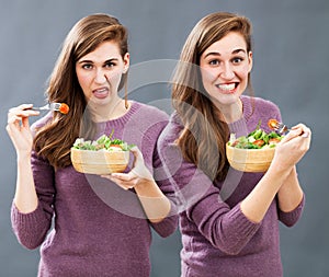 Food and diet confusion with displeased or thrilled young woman