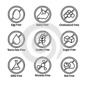 Food diet and GMO free icons set in line design photo