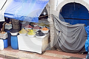 Food display with olives and eggs, medina, Essaouira, Morocco