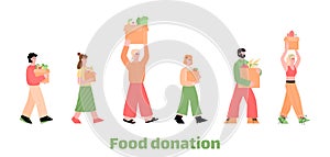 Food donation banner with people holding grocery boxes flat vector illustration.