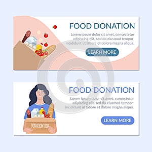 Food donation banner set. Vector food donation craft bag with different products in it. Delivery of the product during