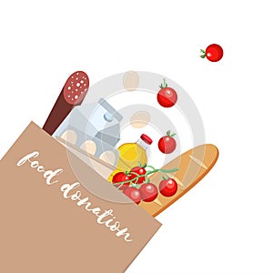 Food donation composition. Vector food donation craft bag with different products in it. Delivery of the product during