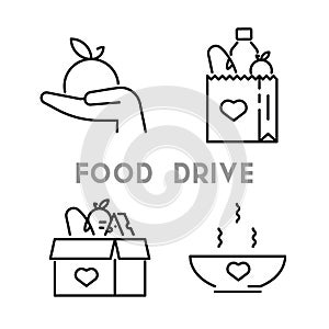 Food donation icon set. Hand holding plate with soup for donations. Vector black icons food box, bag with bread, water, cheese for