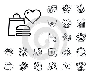 Food donation line icon. Charity sign. Online doctor, patient and medicine. Vector