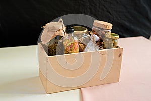 Food donations box isolated on table