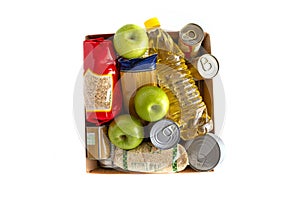 Food donations box isolated on white, top view