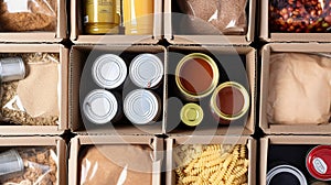 Food donations in box in kitchen background. Generative Ai