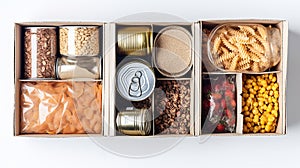 Food donations in box on white background. Generative Ai