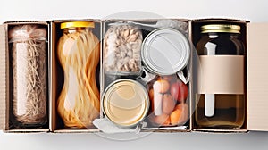 Food donations in box on white background. Generative Ai