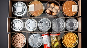 Food donations in box on white background. Generative Ai