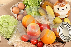 Food donations in the context of the coronovirus pandemic. Box with the necessary products, cereals, vegetables and fruits, stew