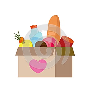 Food donations linear icon. Charity food collection. Box with meal, hearts. Humanitarian volunteer activity.