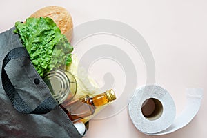 Food donations products on light background, top view with copy space